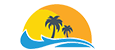Wunderlust logo. an orange sun with two palm trees in front atop of a water wave